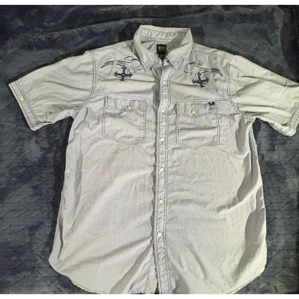 Black Jack Men's 2XL Blue White Pinstripe Gothic Cross Embroidered Shirt